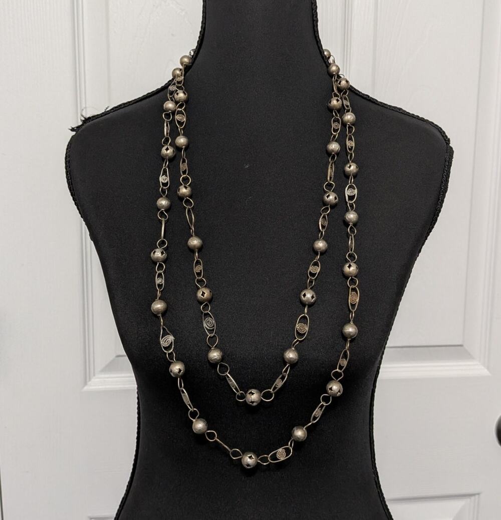 Vintage Mexican Wedding Lasso Necklace Silver Tone Filigree & Solid Ball Chain